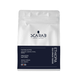 Ethiopian specialty coffee bag by Scarab Coffee floral aroma and bright fruity flavors coffee shops Dubai roastery machinery drinkware