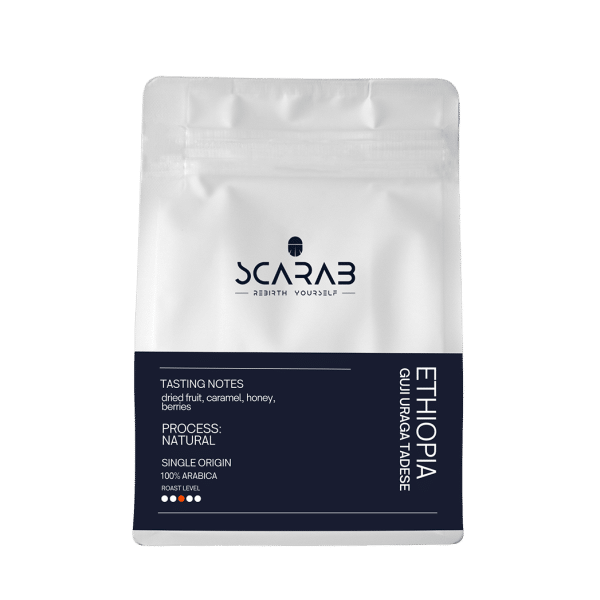 Ethiopian specialty coffee bag by Scarab Coffee floral aroma and bright fruity flavors coffee shops Dubai roastery machinery drinkware